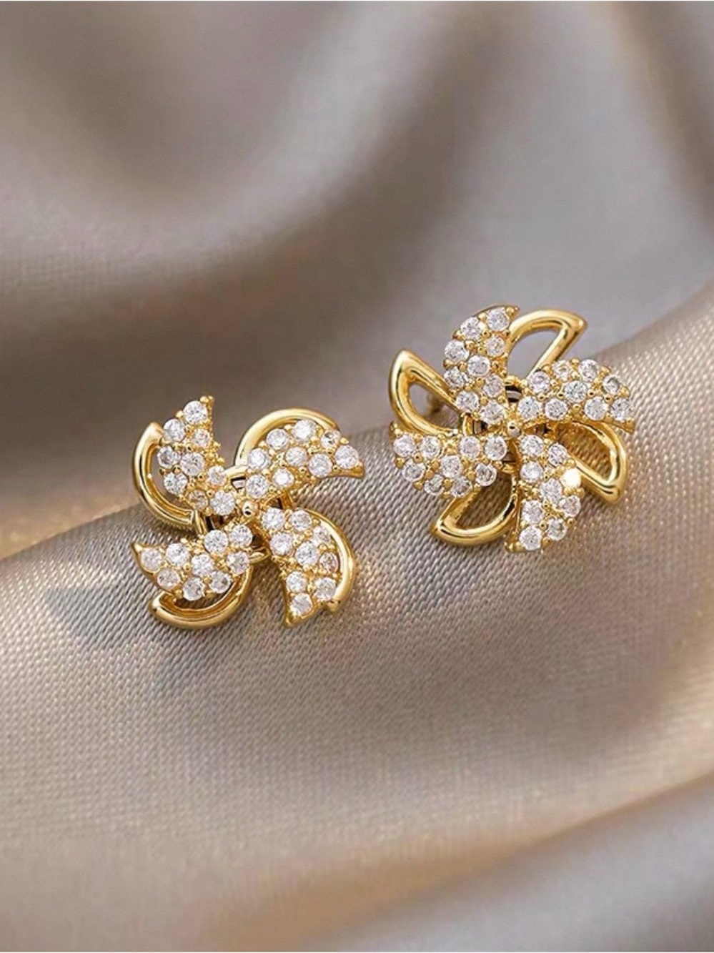 Gold Crystal Floral Pinwheel Studs by